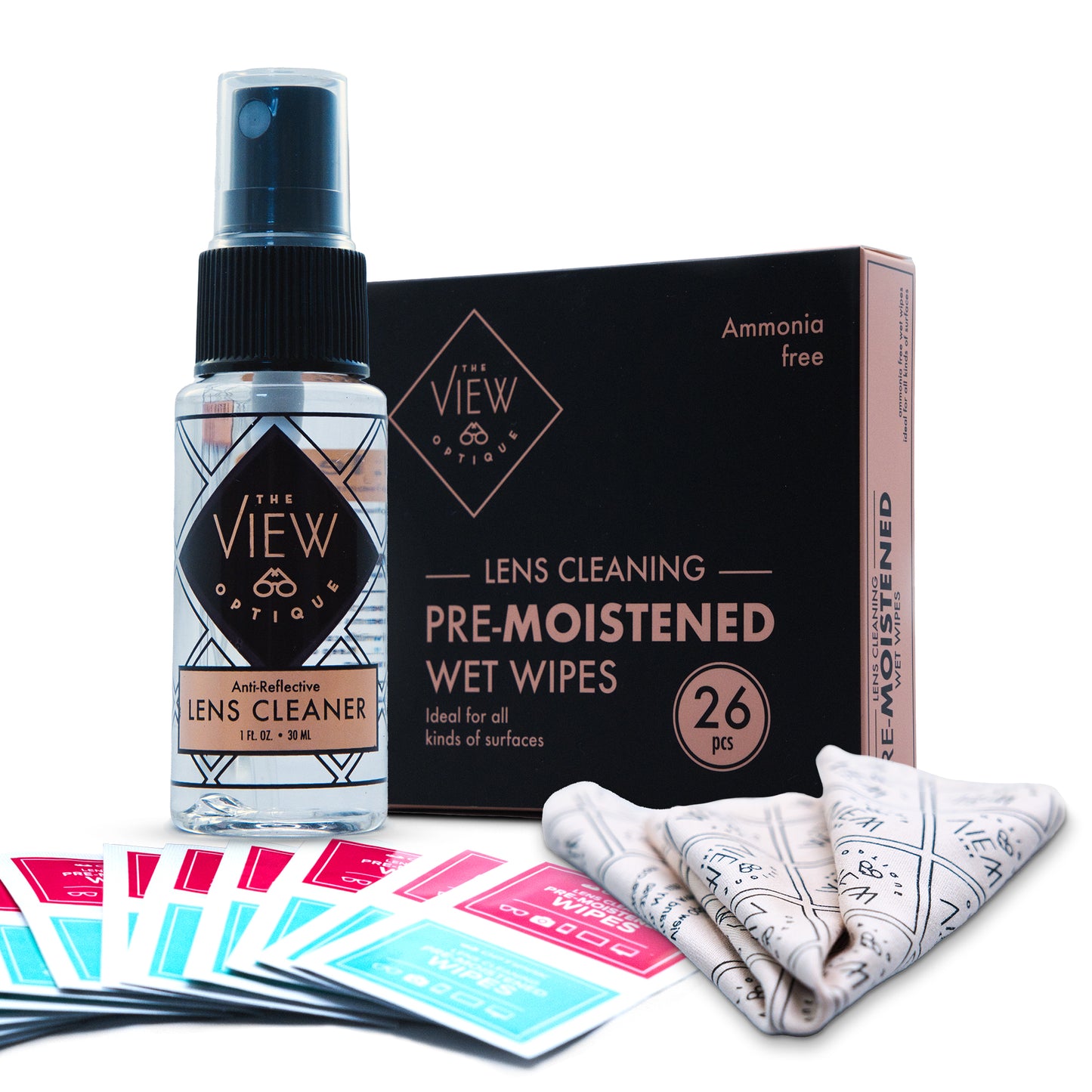 Anti-Reflective Safe 1 oz Lens Cleaner Spray & Microfiber Cleaning Cloth with Pre-Moistened Lens Cleaning Wipes, 26 Pcs